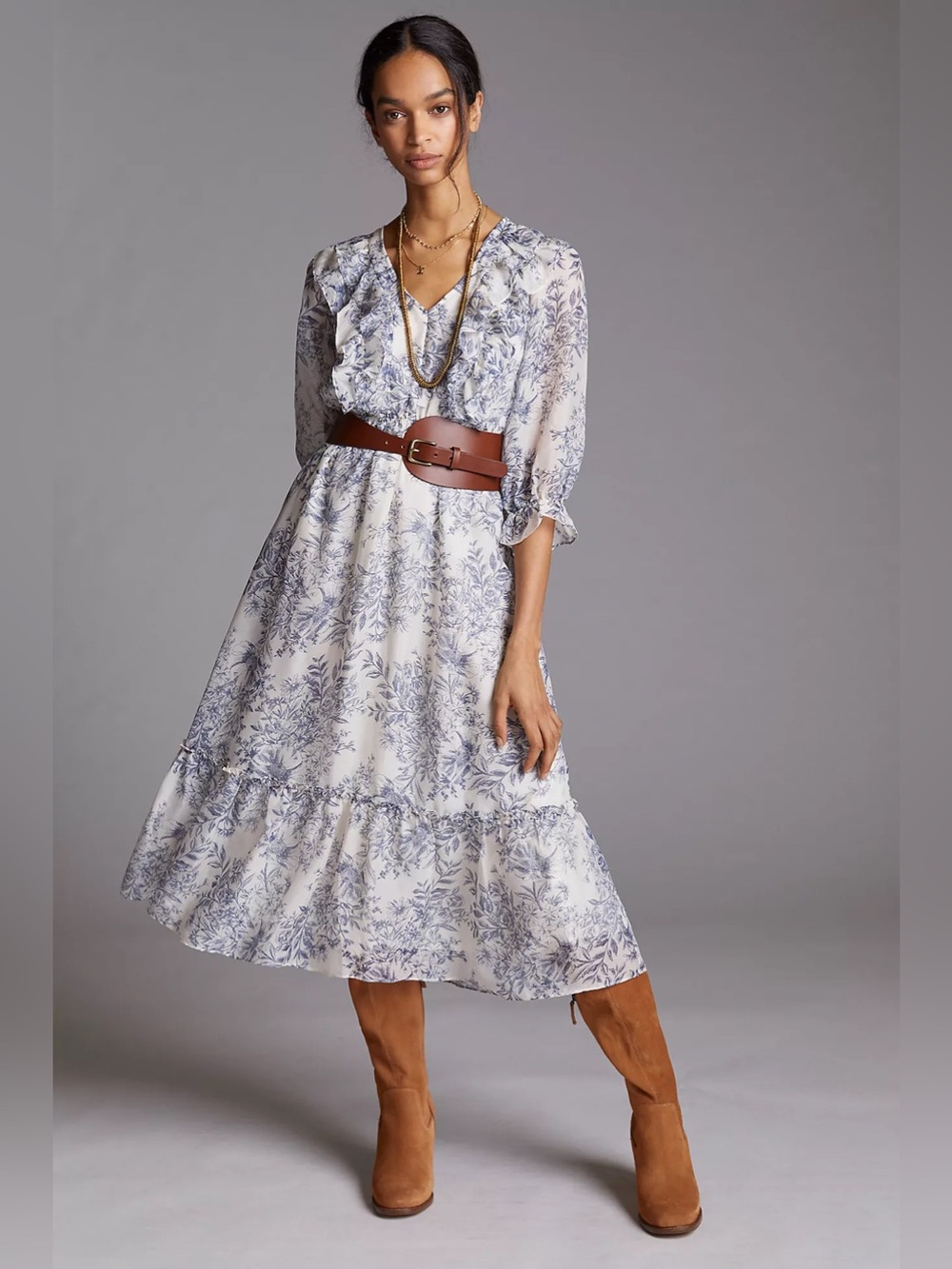 Anthropologie moon river size s Ruffled Floral Midi Dress blue white floral